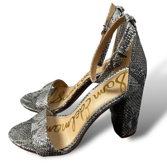 Sam Edelman Snakeskin Yaro Block Heeled Ankle Strap Sandals Silver Pumps 7 - Picture 3 of 15